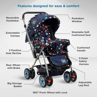 Mee Mee Little Explorer Baby Stroller/Pram for 0–3 Years | Foldable with Reversible Handle | 5-Point Safety Harness | Adjustable 3-Position Recline | 360° Wheels & Large Storage Basket | Navy Blue