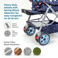 Mee Mee Little Explorer Baby Stroller/Pram for 0–3 Years | Foldable with Reversible Handle | 5-Point Safety Harness | Adjustable 3-Position Recline | 360° Wheels & Large Storage Basket | Navy Blue