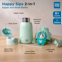 Mee Mee Happy Sips 500 ml SS316 Stainless Steel Kids Water Bottle with Straw, 2 in 1 Sipper Bottle, Hot and Cold Insulated Bottle for School, Travel, 6m+, Dino Theme, Pastel Aqua