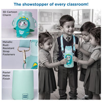 Mee Mee Happy Sips 500 ml SS316 Stainless Steel Kids Water Bottle with Straw, 2 in 1 Sipper Bottle, Hot and Cold Insulated Bottle for School, Travel, 6m+, Dino Theme, Pastel Aqua