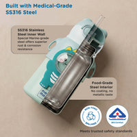 Mee Mee Happy Sips 500 ml SS316 Stainless Steel Kids Water Bottle with Straw, 2 in 1 Sipper Bottle, Hot and Cold Insulated Bottle for School, Travel, 6m+, Dino Theme, Pastel Aqua