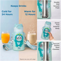Mee Mee Happy Sips 500 ml SS316 Stainless Steel Kids Water Bottle with Straw, 2 in 1 Sipper Bottle, Hot and Cold Insulated Bottle for School, Travel, 6m+, Dino Theme, Pastel Aqua