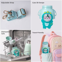 Mee Mee Happy Sips 500 ml SS316 Stainless Steel Kids Water Bottle with Straw, 2 in 1 Sipper Bottle, Hot and Cold Insulated Bottle for School, Travel, 6m+, Dino Theme, Pastel Aqua