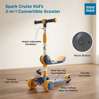 Mee Mee Spark Cruiser Kids Kick Scooter with Seat | Foldable Scooter with PU Flash Wheels, Music & Lights, Adjustable Handle, Rear Brake | 2+ Years, Up to 30kg