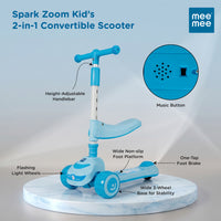 Mee Mee Spark Zoom Kids Kick Scooter with Seat | Foldable Toddler Scooter with PU Flash Wheels, Built-in Music & Lights, Adjustable Height Handle, Rear Foot Brake | Kids Scooter (2+ Years, Up to 30kg)