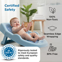 Mee Mee Mini Spa Baby Bath Chair with Spine Support Shield & Adjustable Recline | Anti-Skid Base, Quick-Drain Mesh, BPA-Free Ergonomic Bath Seat for Newborns & Infants, Portable Design (Blue)