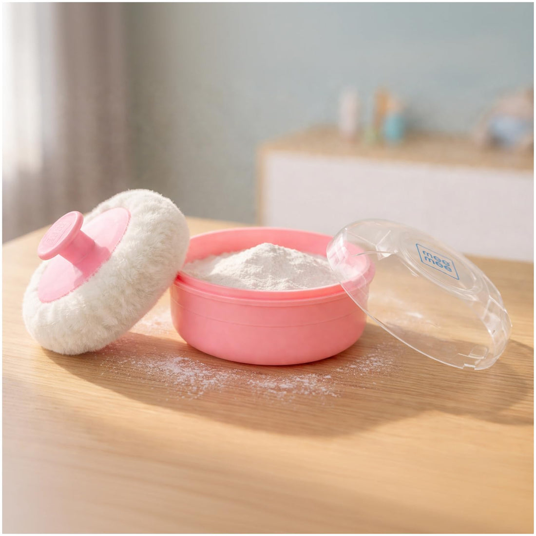 Mee Mee Soft Feel Baby Powder Puff - BPA Free | Box Holder Container for New Born and Kids | Pink Color (Single Pack) | Talc-Free Ingredients | Gentle Skin Application