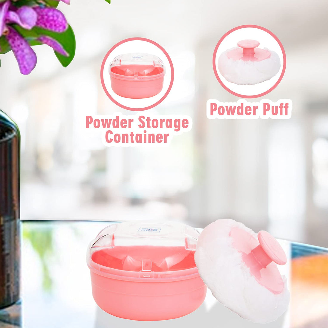 Mee Mee Soft Feel Baby Powder Puff - BPA Free | Box Holder Container for New Born and Kids | Pink Color (Single Pack) | Talc-Free Ingredients | Gentle Skin Application
