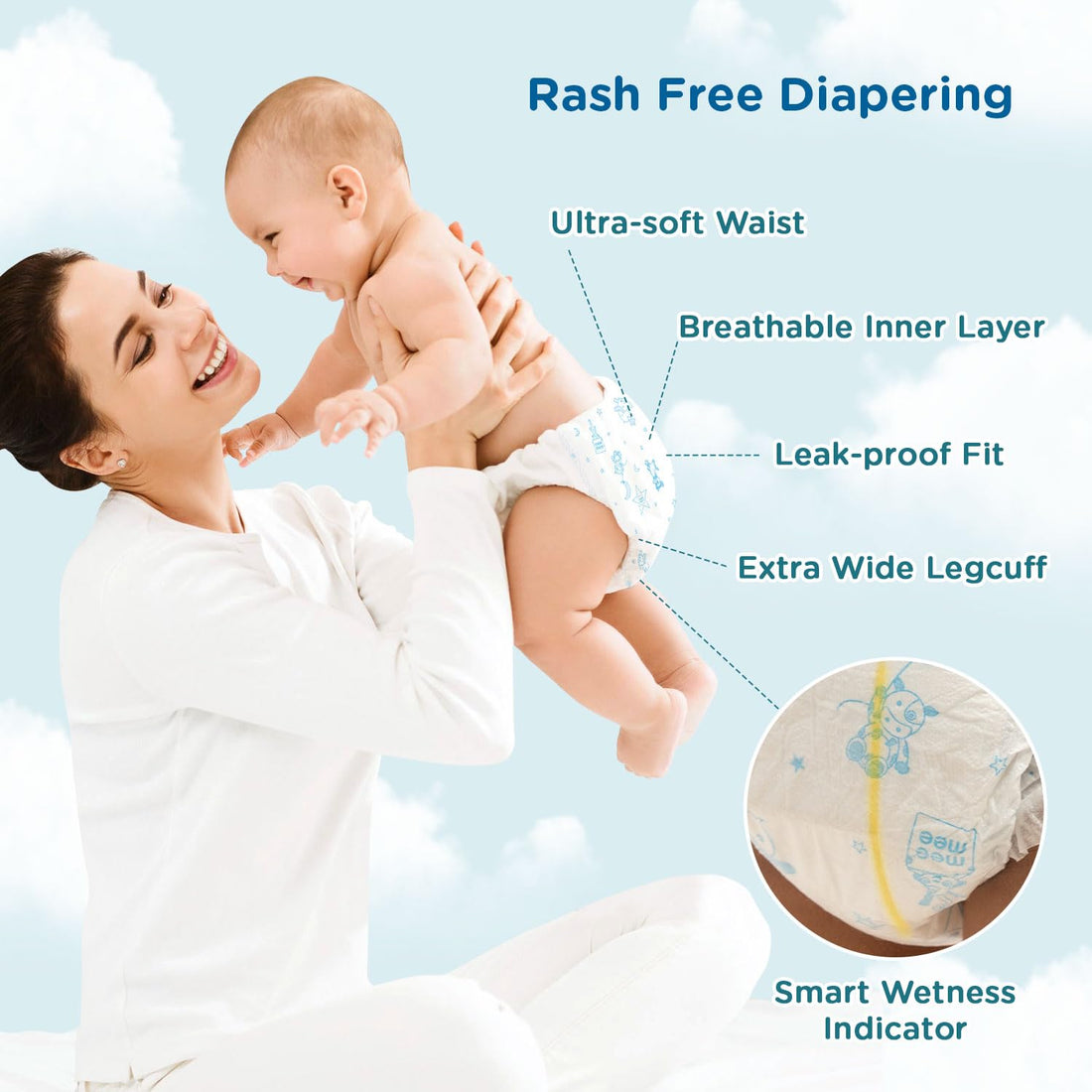 Mee Mee Premium Breathable Baby Tape Diapers (NB, 16 pcs) | Skin-Friendly Super Absorbent Cotton-Soft Diapers with Wetness Indicator | Newborn 0–2 Years
