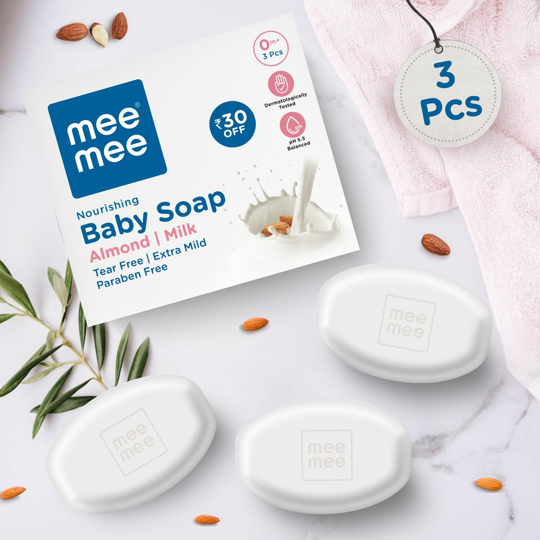 Mee Mee Baby Soap 75 g (Pack of 3) | Bathing Bar Infused with Chamomile, Olive, Almond Oil & Milk Extracts | Dermatologist Tested for Soft Skin | Tear-Free, Paraben-Free Formula