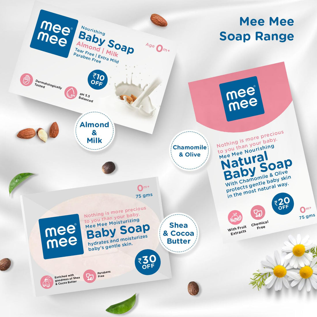 Mee Mee Baby Soap 75 g (Pack of 3) | Bathing Bar Infused with Chamomile, Olive, Almond Oil & Milk Extracts | Dermatologist Tested for Soft Skin | Tear-Free, Paraben-Free Formula