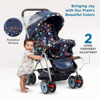 Mee Mee Little Explorer Baby Stroller/Pram for 0–3 Years | Foldable with Reversible Handle | 5-Point Safety Harness | Adjustable 3-Position Recline | 360° Wheels & Large Storage Basket | Navy Blue