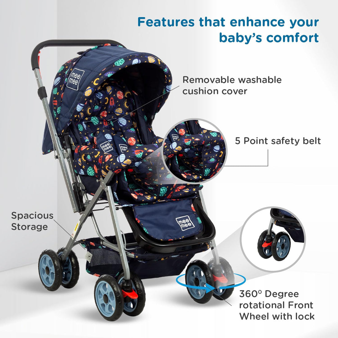 Mee Mee Little Explorer Baby Stroller/Pram for 0–3 Years | Foldable with Reversible Handle | 5-Point Safety Harness | Adjustable 3-Position Recline | 360° Wheels & Large Storage Basket | Navy Blue