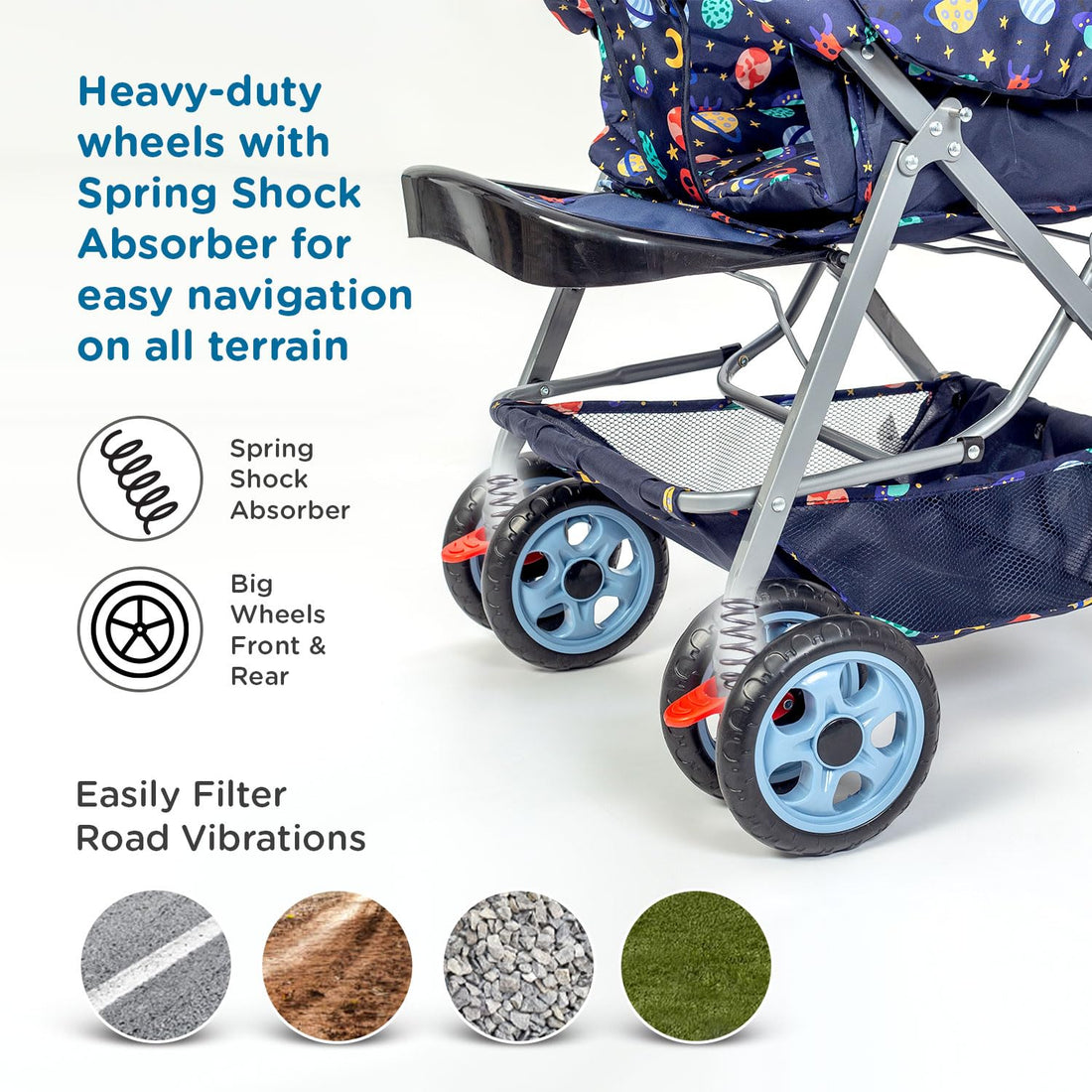 Mee Mee Little Explorer Baby Stroller/Pram for 0–3 Years | Foldable with Reversible Handle | 5-Point Safety Harness | Adjustable 3-Position Recline | 360° Wheels & Large Storage Basket | Navy Blue