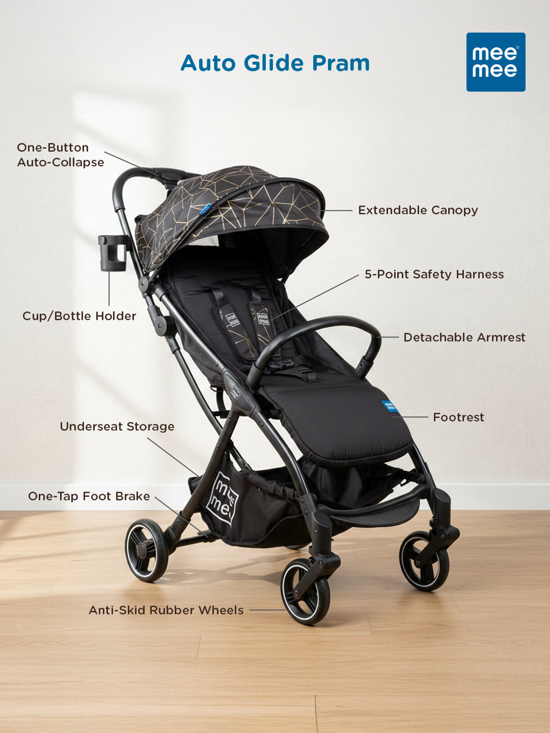 Mee Mee Auto Glide Baby Stroller with One-Button Auto Fold, Anti-Tip C-Arc Frame & Shock Absorption | Compact Travel Pram with 5-Point Harness, Recline Seat, UV Canopy, Storage Basket (0–3 Years)