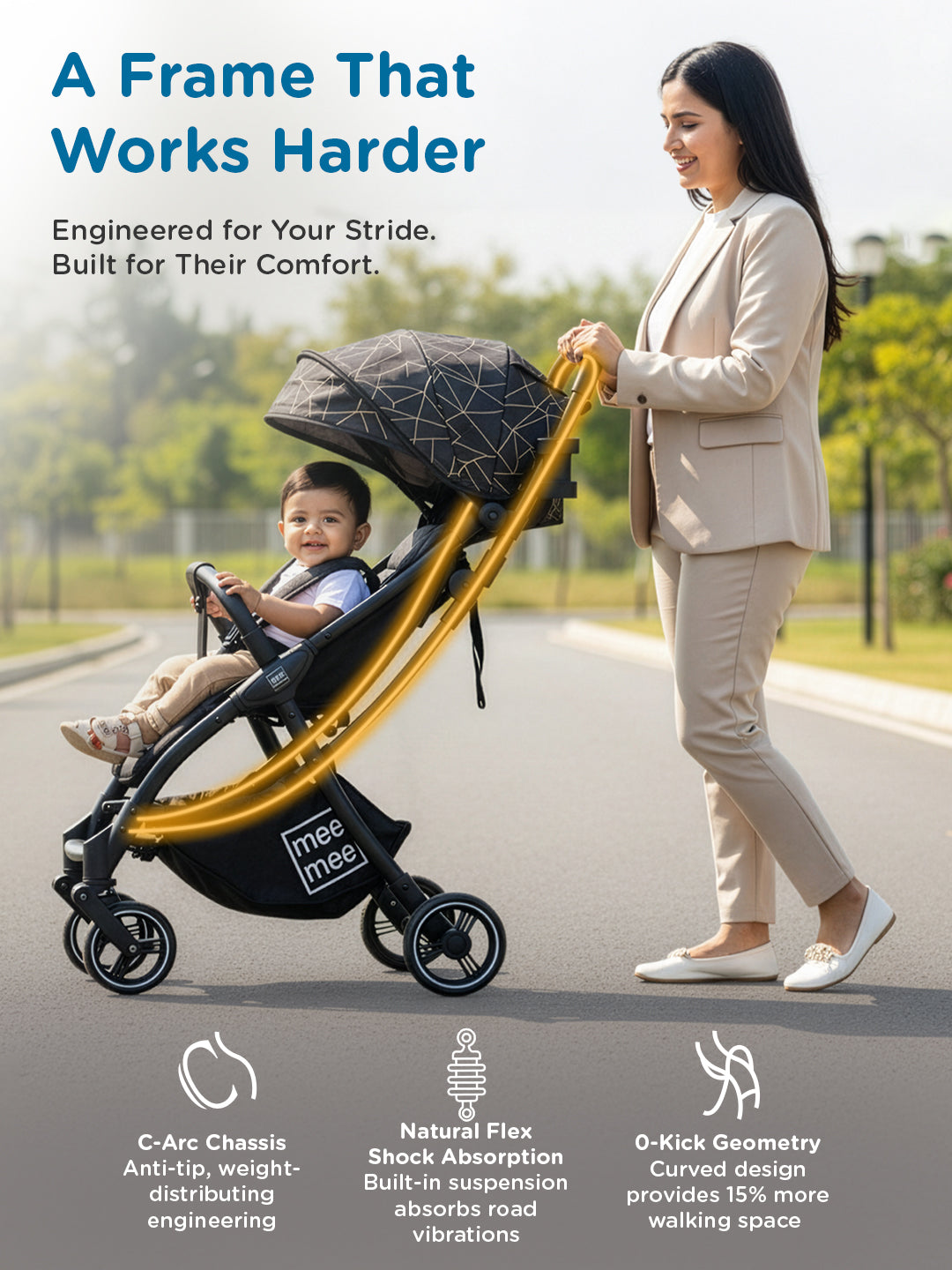 Mee Mee Auto Glide Baby Stroller with One-Button Auto Fold, Anti-Tip C-Arc Frame & Shock Absorption | Compact Travel Pram with 5-Point Harness, Recline Seat, UV Canopy, Storage Basket (0–3 Years)