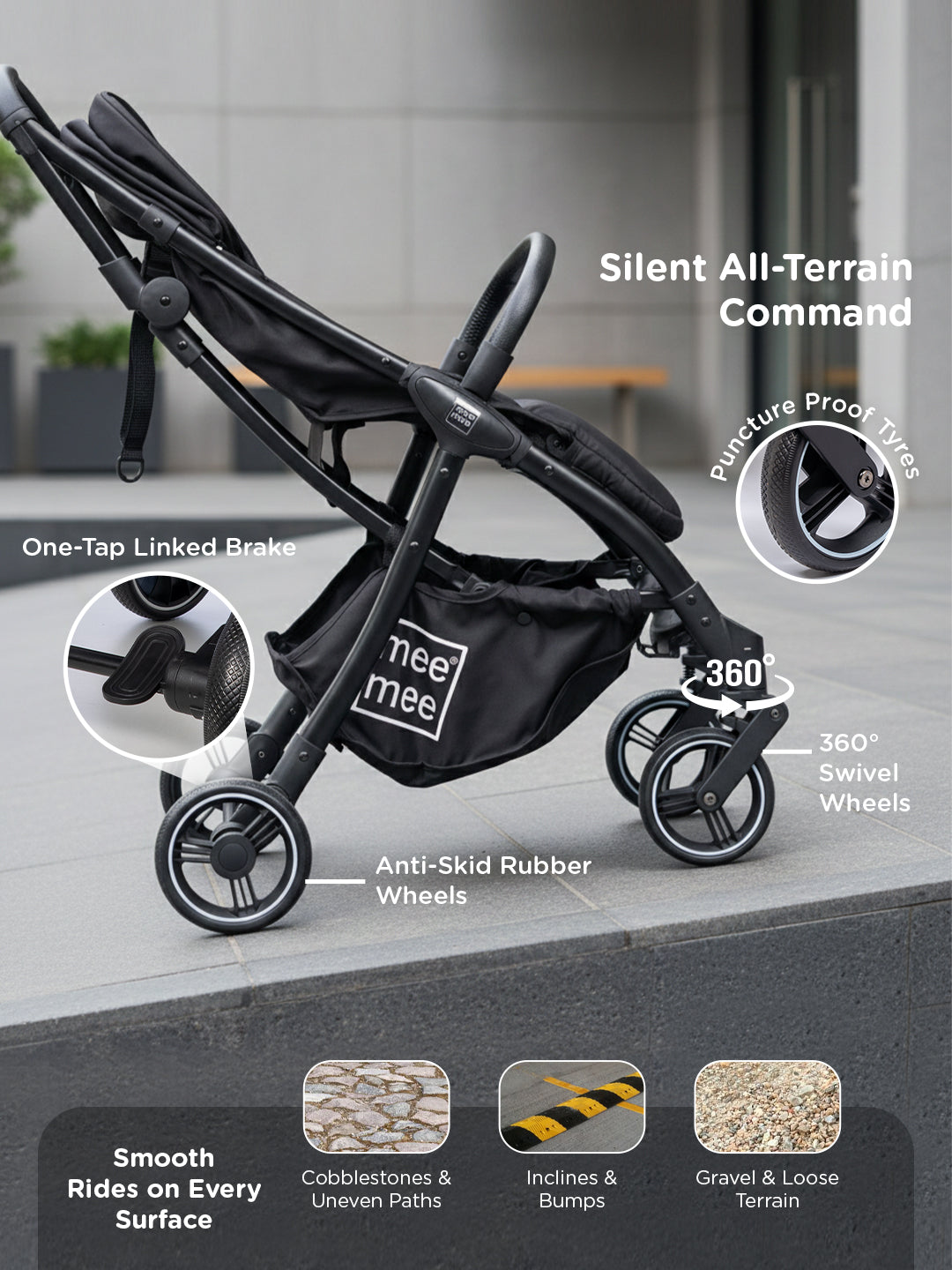 Mee Mee Auto Glide Baby Stroller with One-Button Auto Fold, Anti-Tip C-Arc Frame & Shock Absorption | Compact Travel Pram with 5-Point Harness, Recline Seat, UV Canopy, Storage Basket (0–3 Years)