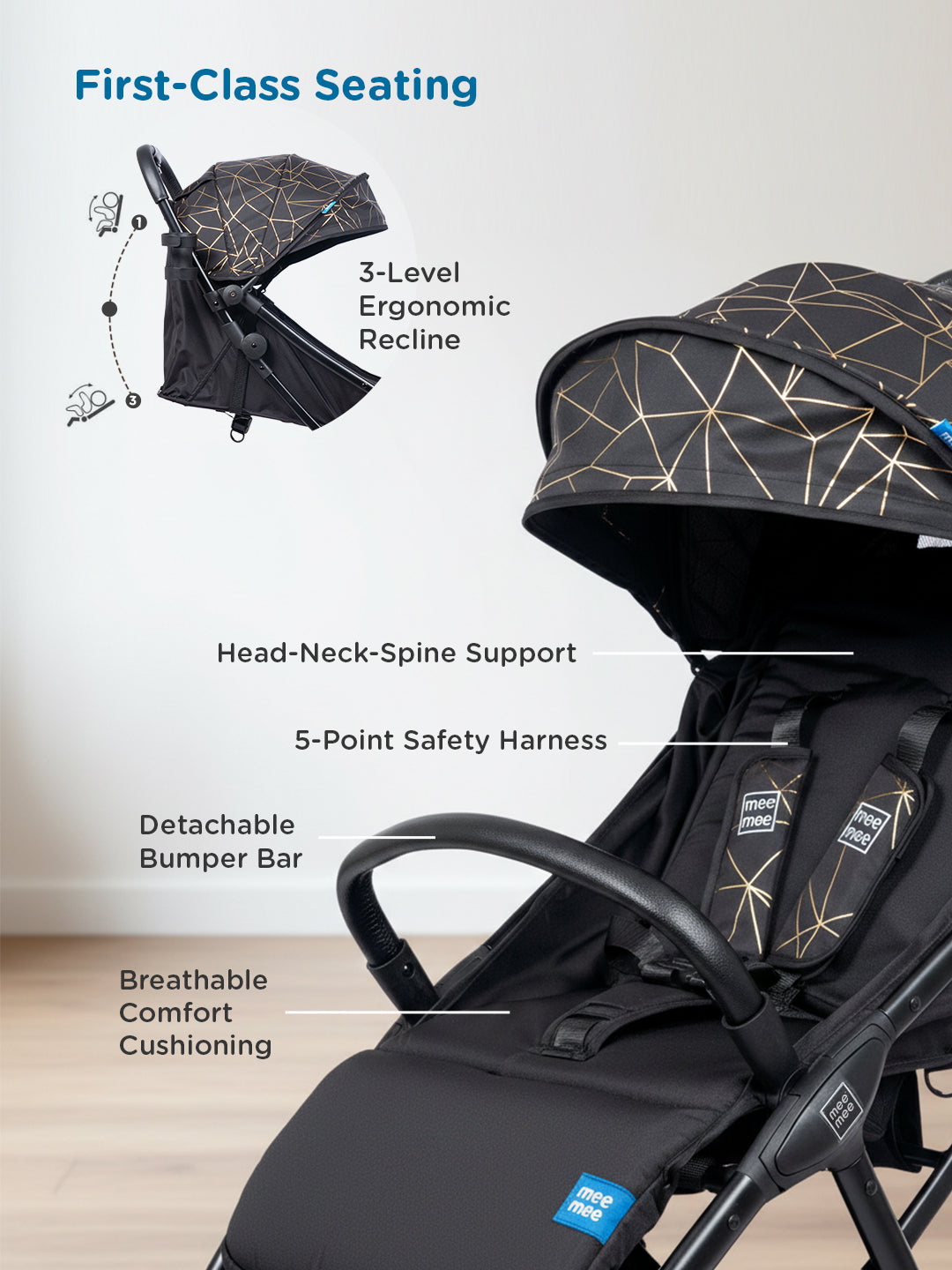 Mee Mee Auto Glide Baby Stroller with One-Button Auto Fold, Anti-Tip C-Arc Frame & Shock Absorption | Compact Travel Pram with 5-Point Harness, Recline Seat, UV Canopy, Storage Basket (0–3 Years)
