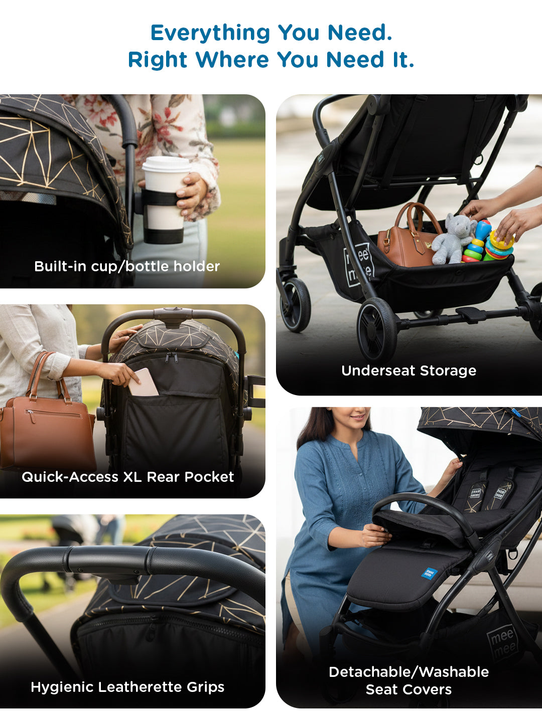 Mee Mee Auto Glide Baby Stroller with One-Button Auto Fold, Anti-Tip C-Arc Frame & Shock Absorption | Compact Travel Pram with 5-Point Harness, Recline Seat, UV Canopy, Storage Basket (0–3 Years)