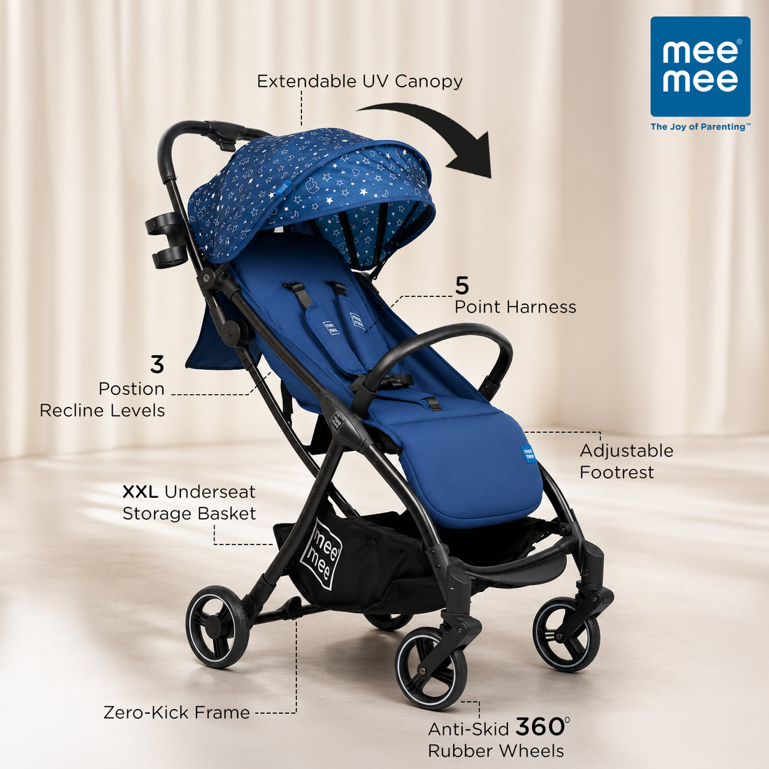 Mee Mee Auto Glide Baby Stroller with One-Button Auto Fold, Anti-Tip C-Arc Frame & Shock Absorption | Compact Travel Pram with 5-Point Harness, Recline Seat, UV Canopy, Storage Basket (0–3 Years)