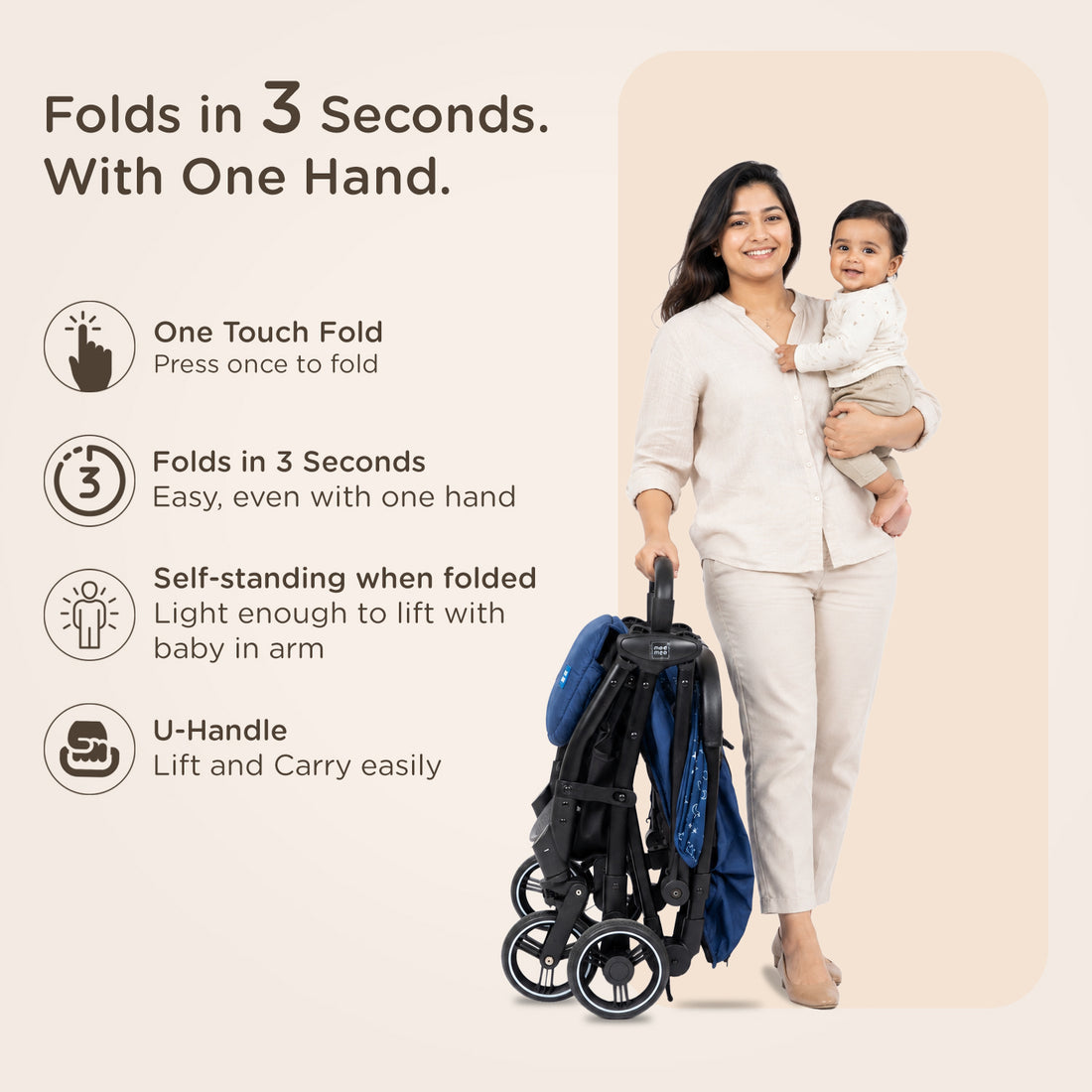 Mee Mee Auto Glide Baby Stroller with One-Button Auto Fold, Anti-Tip C-Arc Frame & Shock Absorption | Compact Travel Pram with 5-Point Harness, Recline Seat, UV Canopy, Storage Basket (0–3 Years)