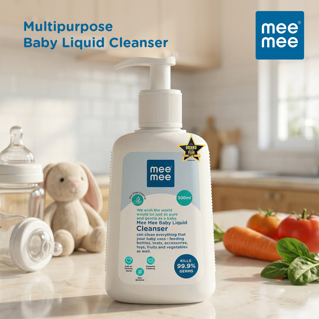 Mee Mee Liquid Cleanser 300 ml | Anti-Bacterial Formula Kills 99.9% Germs | For Bottles, Nipples, Accessories, Toys, Fruits & Vegetables | Alcohol-Free, Dermatologically Tested