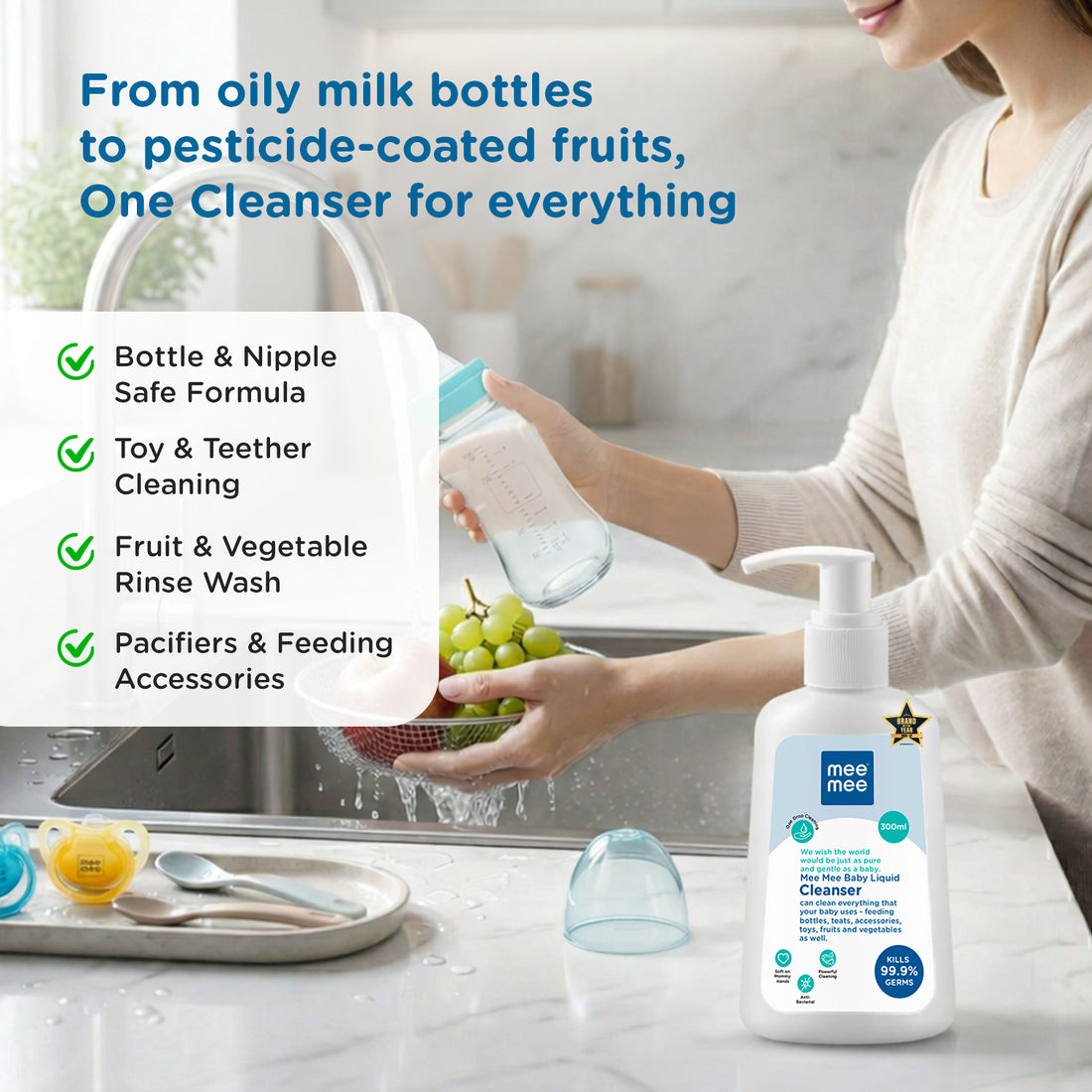 Mee Mee Liquid Cleanser 300 ml | Anti-Bacterial Formula Kills 99.9% Germs | For Bottles, Nipples, Accessories, Toys, Fruits & Vegetables | Alcohol-Free, Dermatologically Tested