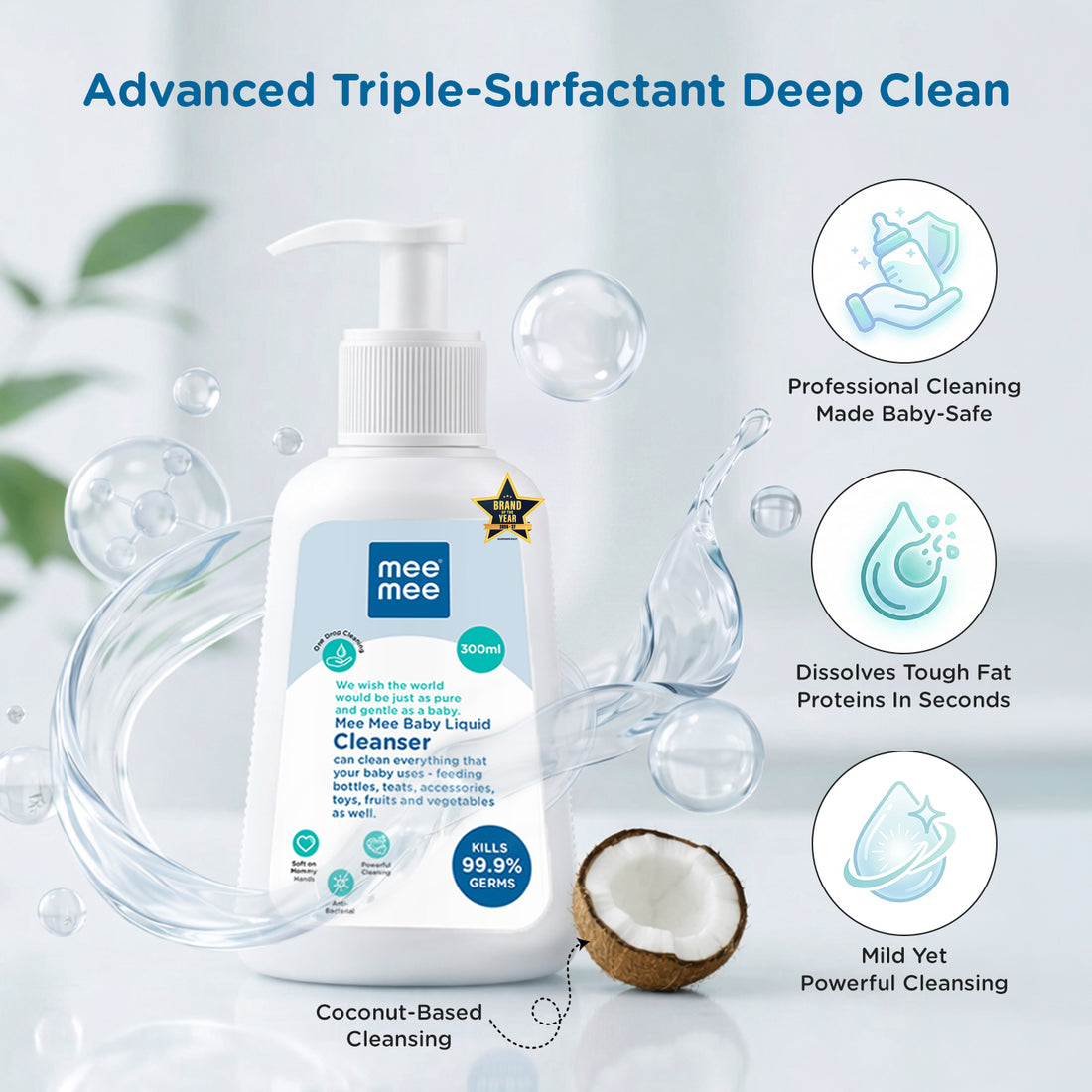 Mee Mee Liquid Cleanser 300 ml | Anti-Bacterial Formula Kills 99.9% Germs | For Bottles, Nipples, Accessories, Toys, Fruits & Vegetables | Alcohol-Free, Dermatologically Tested