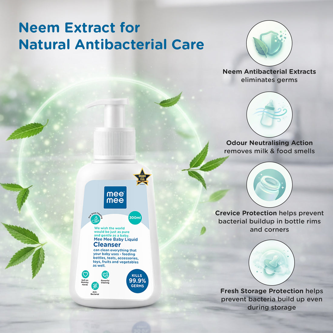 Mee Mee Liquid Cleanser 300 ml | Anti-Bacterial Formula Kills 99.9% Germs | For Bottles, Nipples, Accessories, Toys, Fruits & Vegetables | Alcohol-Free, Dermatologically Tested