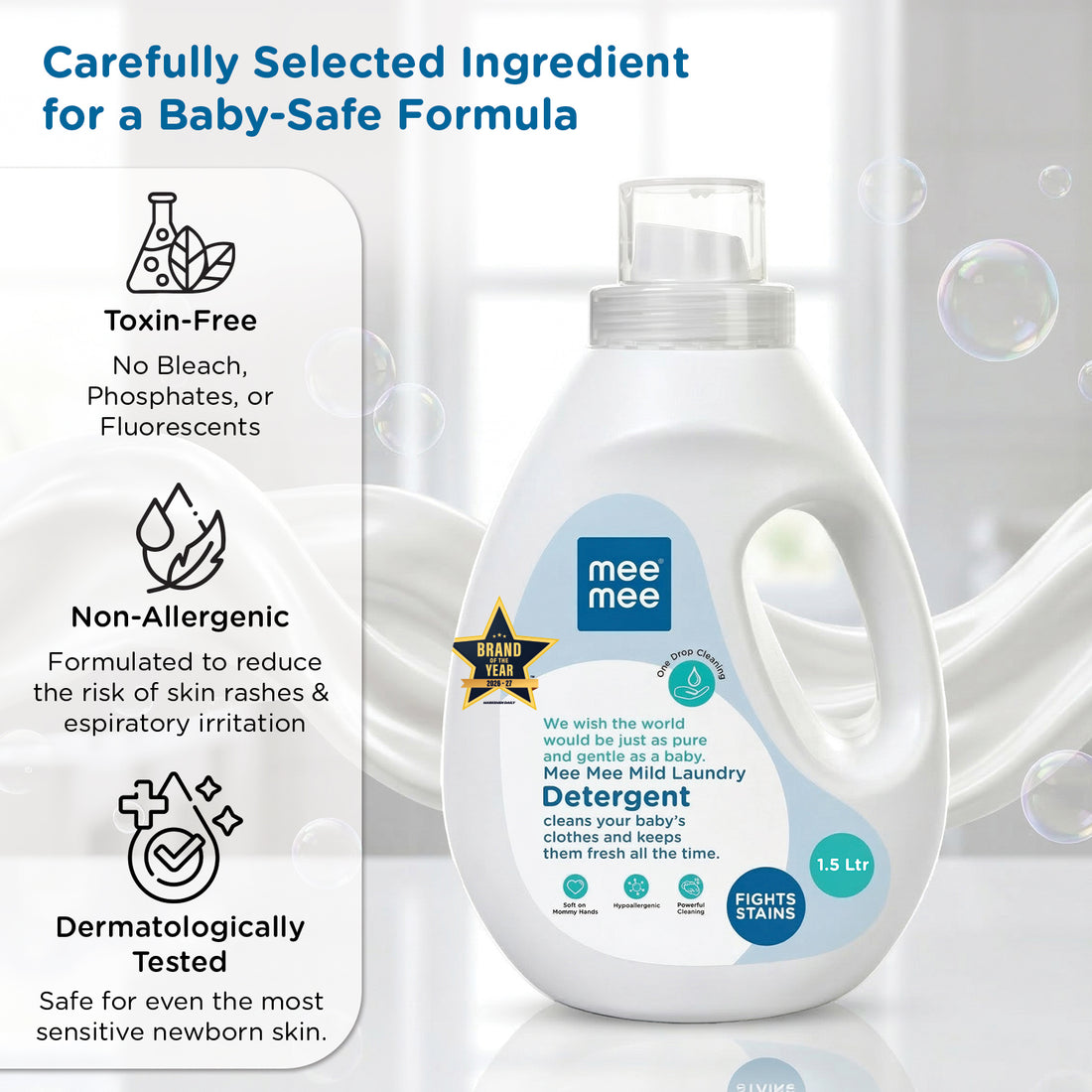 Mee Mee Baby Liquid Detergent 1.5 L | pH Balanced, Free from Harsh Chemicals, Safe for Mother’s Hands & Baby’s Skin | Anti-Bacterial, Removes Stains & Odor with One Drop, Hypoallergenic | Mild Scent
