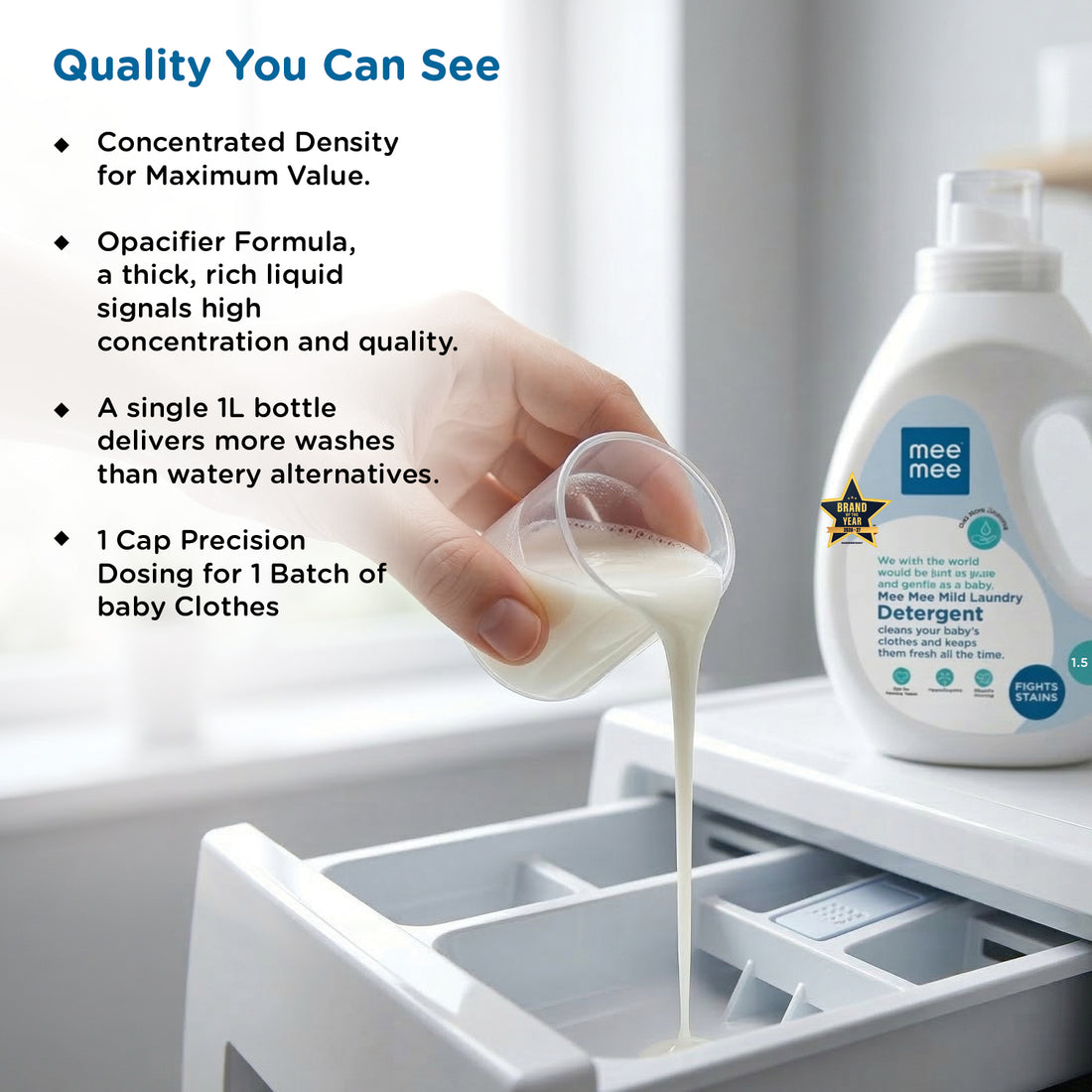 Mee Mee Baby Liquid Detergent 1.5 L | pH Balanced, Free from Harsh Chemicals, Safe for Mother’s Hands & Baby’s Skin | Anti-Bacterial, Removes Stains & Odor with One Drop, Hypoallergenic | Mild Scent