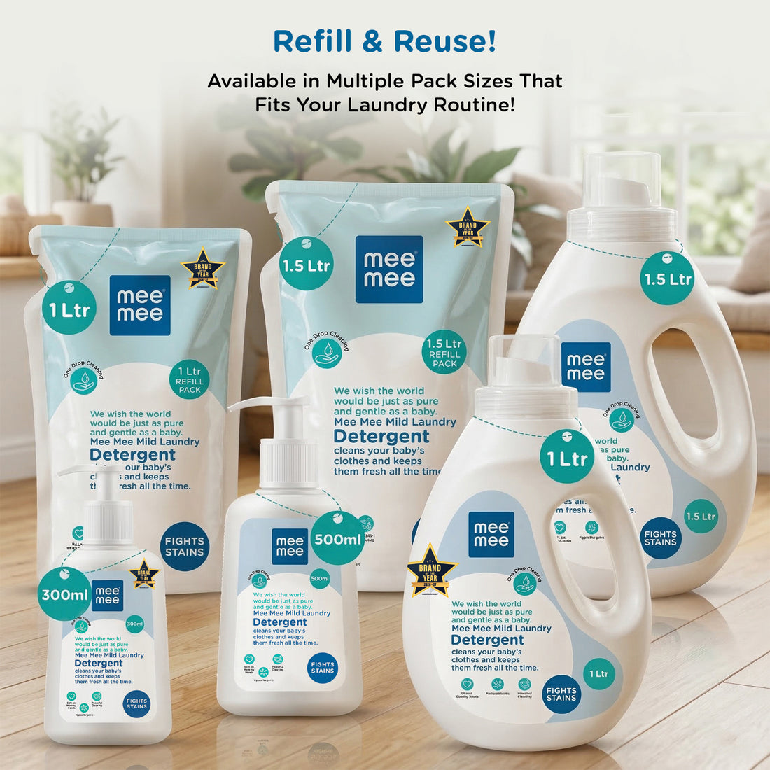 Mee Mee Baby Liquid Detergent 1.5 L | pH Balanced, Free from Harsh Chemicals, Safe for Mother’s Hands & Baby’s Skin | Anti-Bacterial, Removes Stains & Odor with One Drop, Hypoallergenic | Mild Scent
