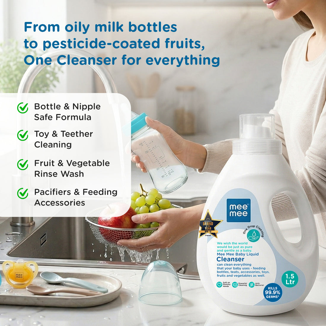 Mee Mee Liquid Cleanser 1.5 L | Anti-Bacterial Formula Kills 99.9% Germs | For Bottles, Nipples, Accessories, Toys, Fruits & Vegetables | Alcohol-Free, One-Drop Cleaning, Dermatologically Tested