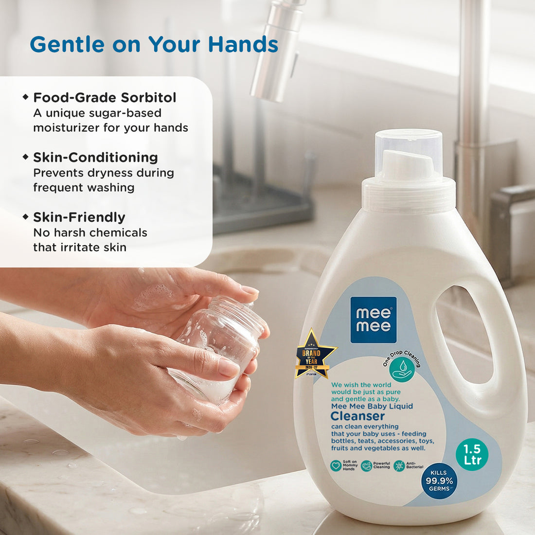 Mee Mee Liquid Cleanser 1.5 L | Anti-Bacterial Formula Kills 99.9% Germs | For Bottles, Nipples, Accessories, Toys, Fruits & Vegetables | Alcohol-Free, One-Drop Cleaning, Dermatologically Tested
