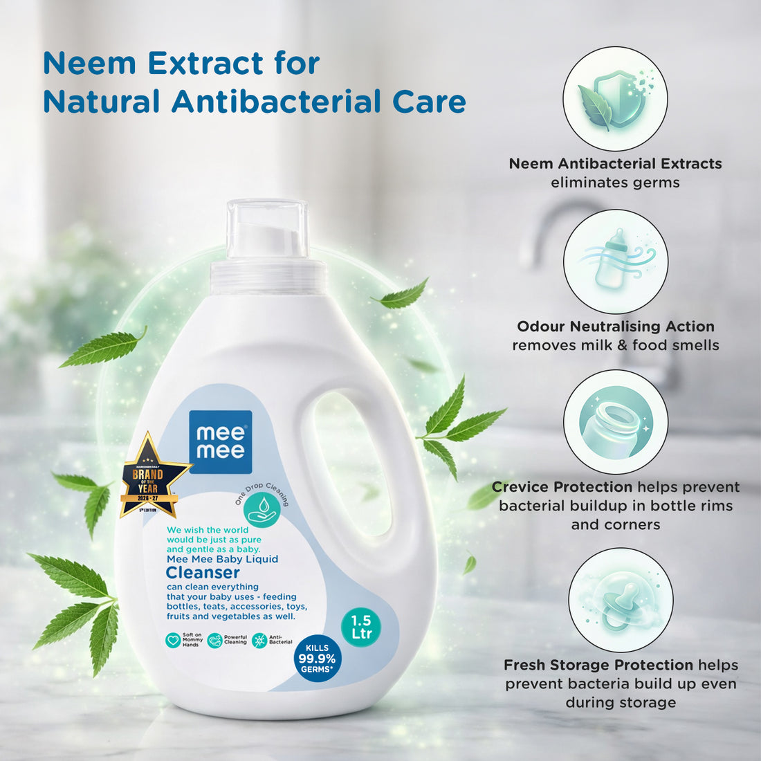 Mee Mee Liquid Cleanser 1.5 L | Anti-Bacterial Formula Kills 99.9% Germs | For Bottles, Nipples, Accessories, Toys, Fruits & Vegetables | Alcohol-Free, One-Drop Cleaning, Dermatologically Tested