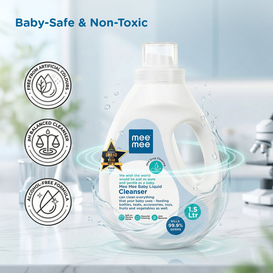 Mee Mee Liquid Cleanser 1.5 L | Anti-Bacterial Formula Kills 99.9% Germs | For Bottles, Nipples, Accessories, Toys, Fruits & Vegetables | Alcohol-Free, One-Drop Cleaning, Dermatologically Tested
