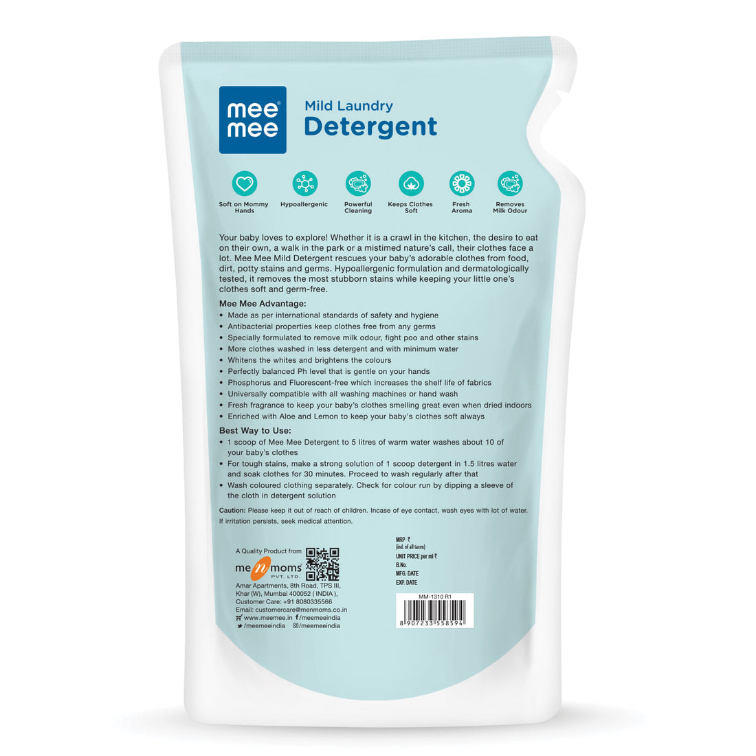 Mee Mee Baby Liquid Detergent 500 ml | Ph balanced, Free from Harsh Chemicals, Safe for mother's hands & baby's skin | Anti-Bacterial, Removes Stains & Odor with One Drop, Hypoallergenic
