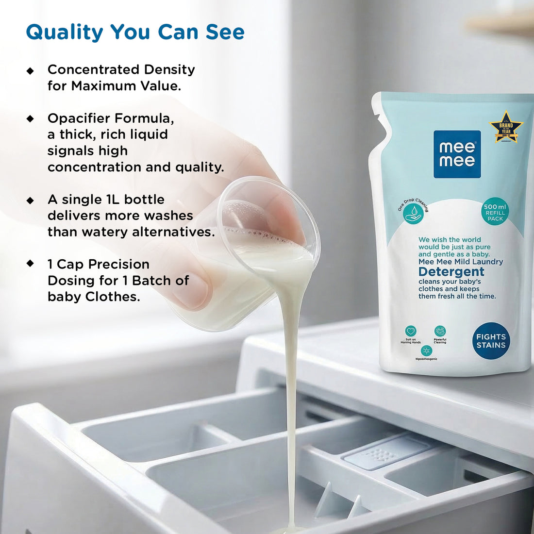 Mee Mee Baby Liquid Detergent 500 ml | Ph balanced, Free from Harsh Chemicals, Safe for mother's hands & baby's skin | Anti-Bacterial, Removes Stains & Odor with One Drop, Hypoallergenic
