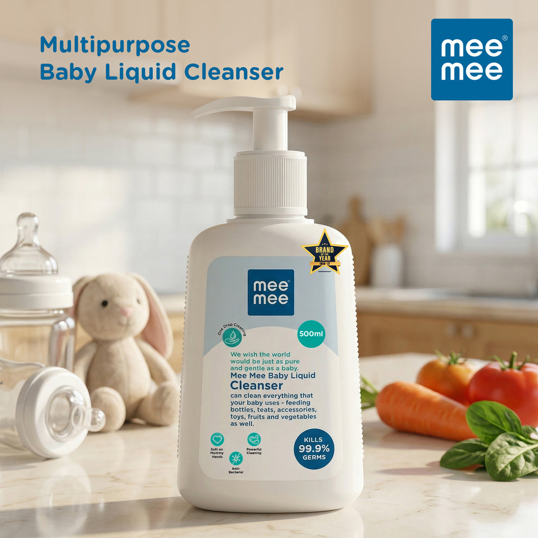 Mee Mee Baby Liquid Cleanser 500 ml, Anti-Bacterial Kills 99.9% Germs | for Bottles, Nipples, Accessories, Toys, Fruits & Vegetables | No Alcohol, Dermatologically Tested