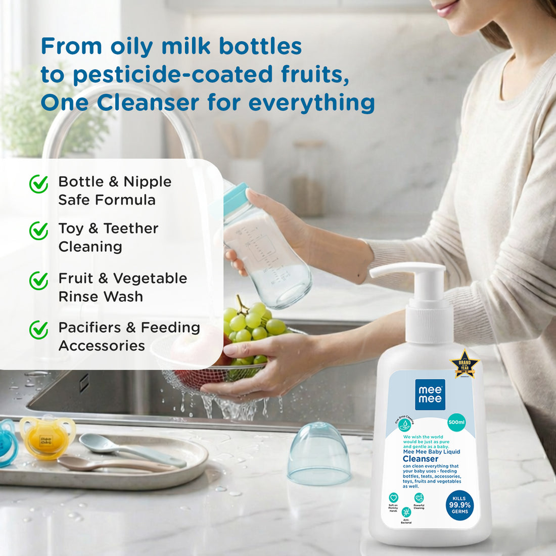 Mee Mee Baby Liquid Cleanser 500 ml, Anti-Bacterial Kills 99.9% Germs | for Bottles, Nipples, Accessories, Toys, Fruits & Vegetables | No Alcohol, Dermatologically Tested