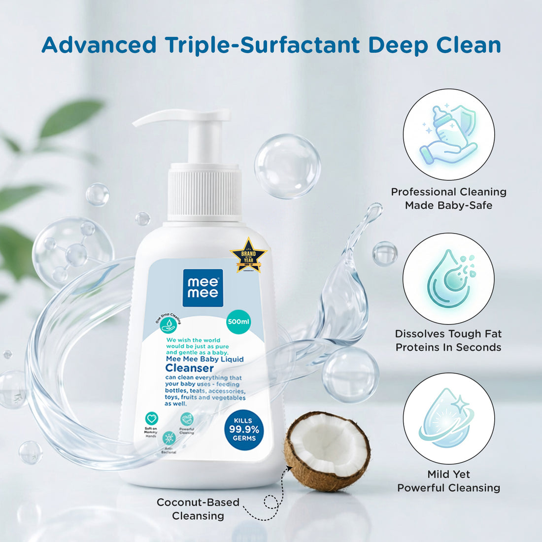 Mee Mee Baby Liquid Cleanser 500 ml, Anti-Bacterial Kills 99.9% Germs | for Bottles, Nipples, Accessories, Toys, Fruits & Vegetables | No Alcohol, Dermatologically Tested