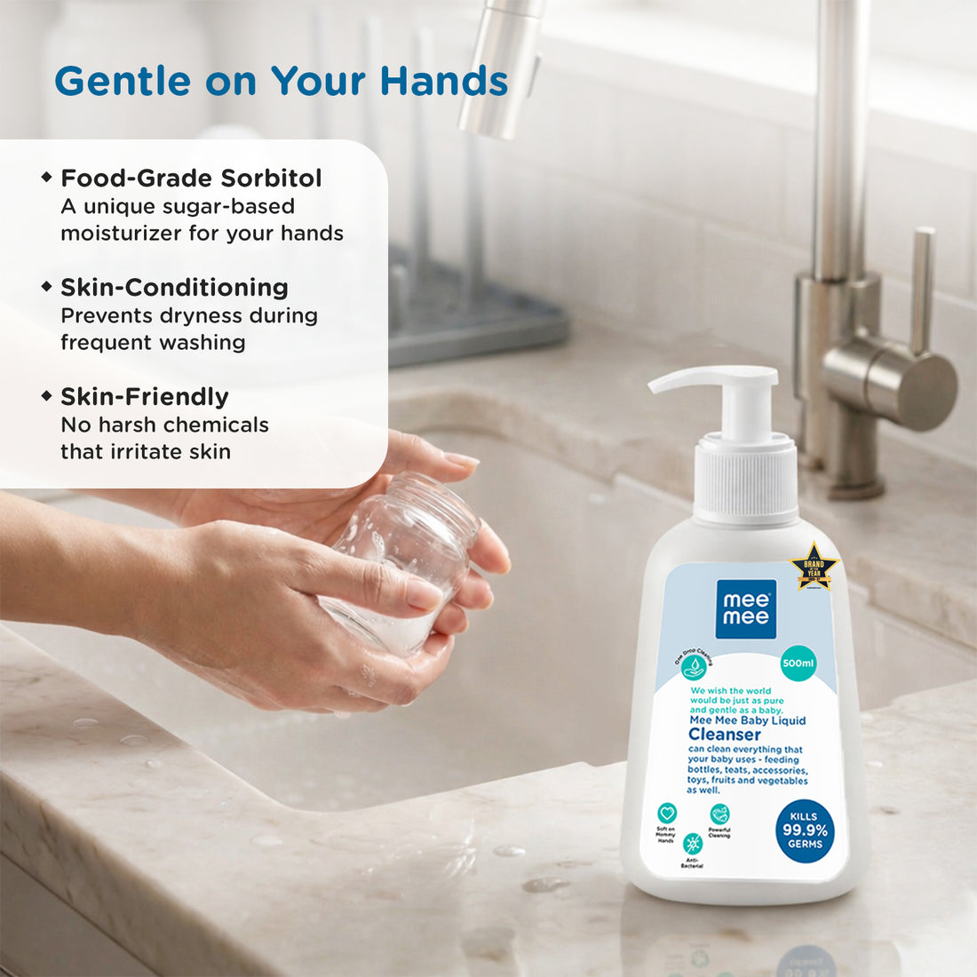 Mee Mee Baby Liquid Cleanser 500 ml, Anti-Bacterial Kills 99.9% Germs | for Bottles, Nipples, Accessories, Toys, Fruits & Vegetables | No Alcohol, Dermatologically Tested