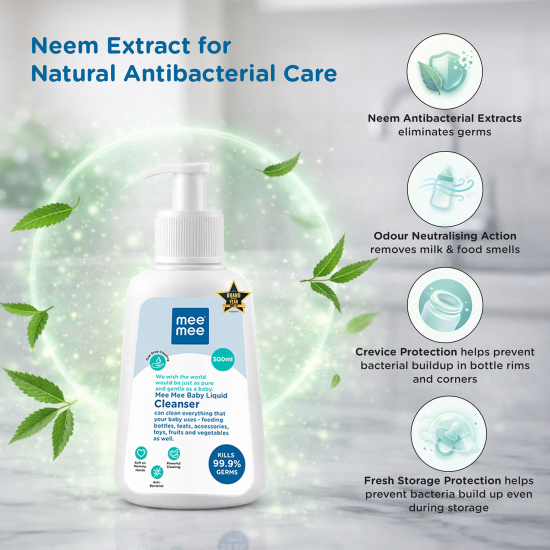 Mee Mee Baby Liquid Cleanser 500 ml, Anti-Bacterial Kills 99.9% Germs | for Bottles, Nipples, Accessories, Toys, Fruits & Vegetables | No Alcohol, Dermatologically Tested