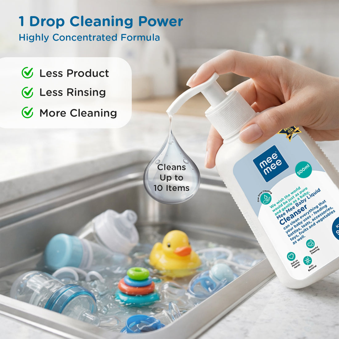 Mee Mee Baby Liquid Cleanser 500 ml, Anti-Bacterial Kills 99.9% Germs | for Bottles, Nipples, Accessories, Toys, Fruits & Vegetables | No Alcohol, Dermatologically Tested