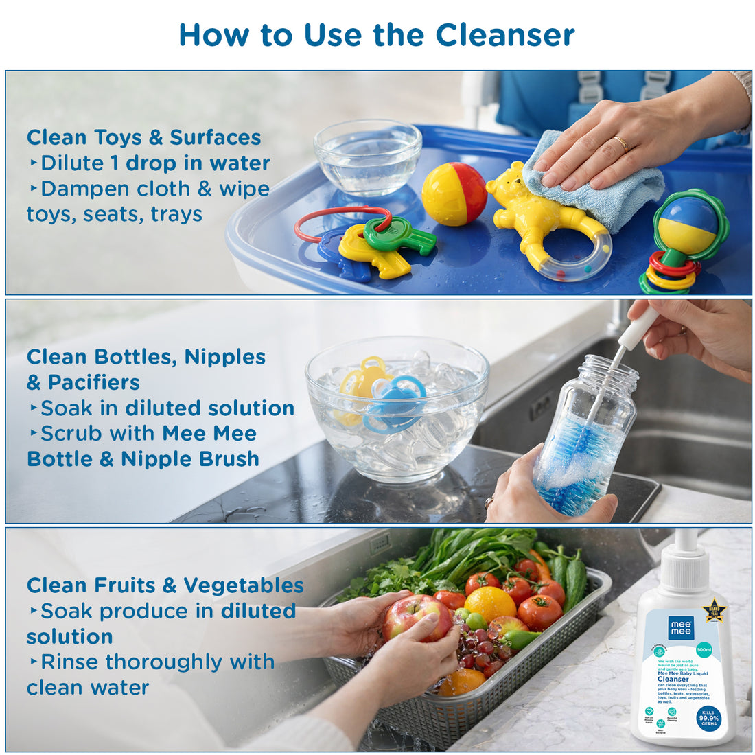 Mee Mee Baby Liquid Cleanser 500 ml, Anti-Bacterial Kills 99.9% Germs | for Bottles, Nipples, Accessories, Toys, Fruits & Vegetables | No Alcohol, Dermatologically Tested