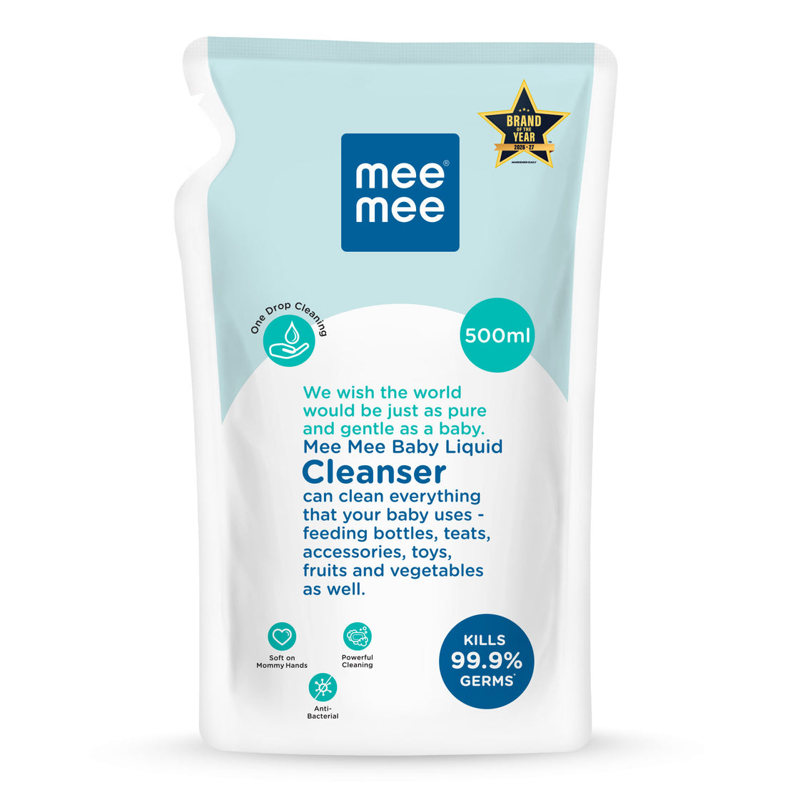 Mee Mee Liquid Cleanser 500 ml | Anti-Bacterial Formula Kills 99.9% Germs | For Bottles, Nipples, Accessories, Toys, Fruits & Vegetables | Alcohol-Free, One-Drop Cleaning, Dermatologically Tested