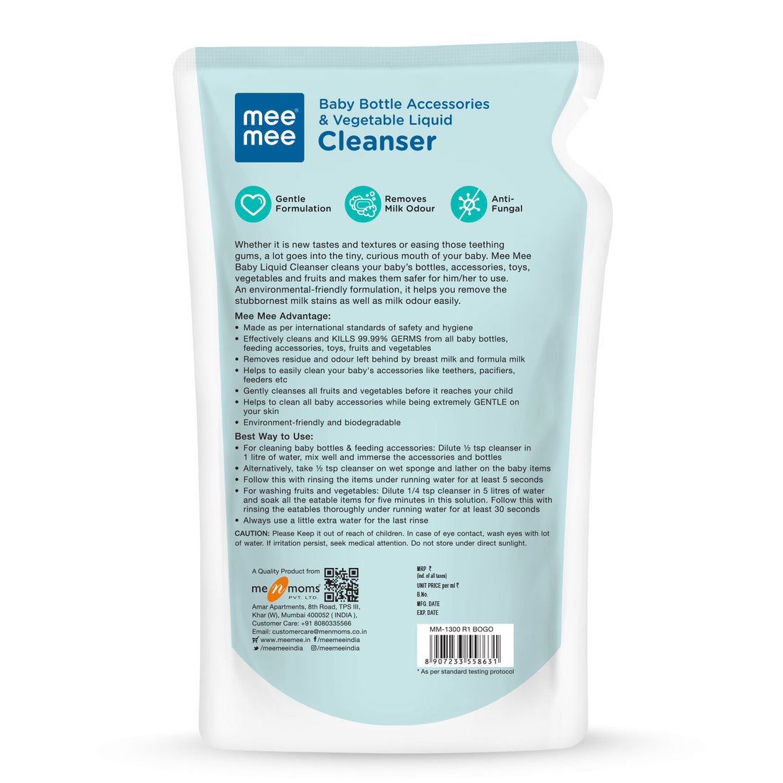 Mee Mee Liquid Cleanser 500 ml | Anti-Bacterial Formula Kills 99.9% Germs | For Bottles, Nipples, Accessories, Toys, Fruits & Vegetables | Alcohol-Free, One-Drop Cleaning, Dermatologically Tested
