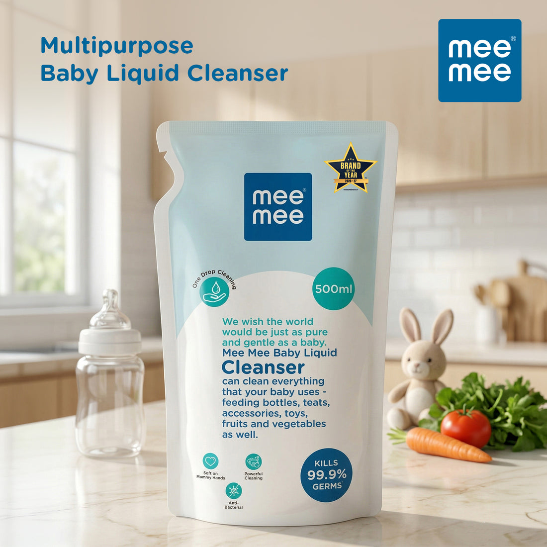 Mee Mee Liquid Cleanser 500 ml | Anti-Bacterial Formula Kills 99.9% Germs | For Bottles, Nipples, Accessories, Toys, Fruits & Vegetables | Alcohol-Free, One-Drop Cleaning, Dermatologically Tested