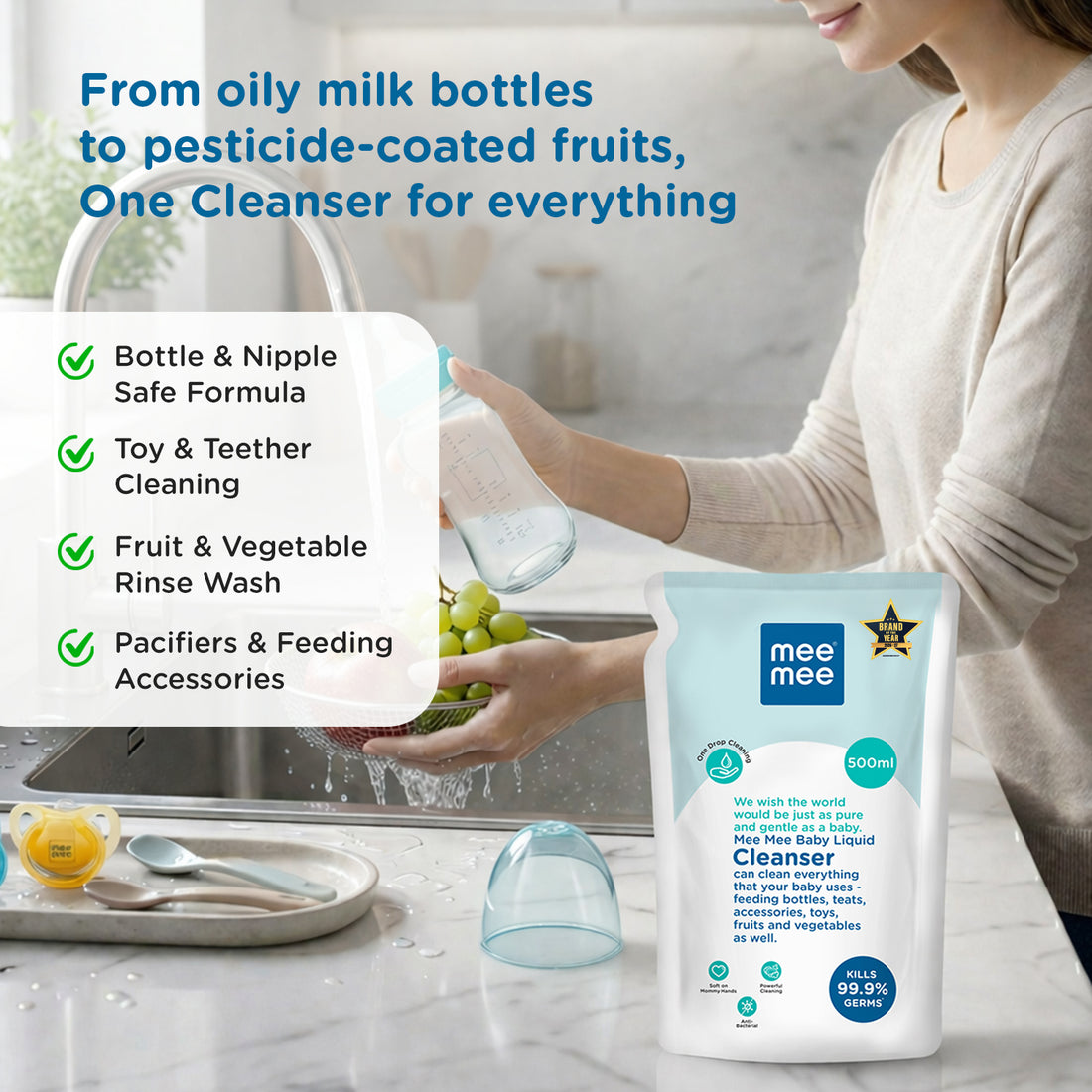 Mee Mee Liquid Cleanser 500 ml | Anti-Bacterial Formula Kills 99.9% Germs | For Bottles, Nipples, Accessories, Toys, Fruits & Vegetables | Alcohol-Free, One-Drop Cleaning, Dermatologically Tested