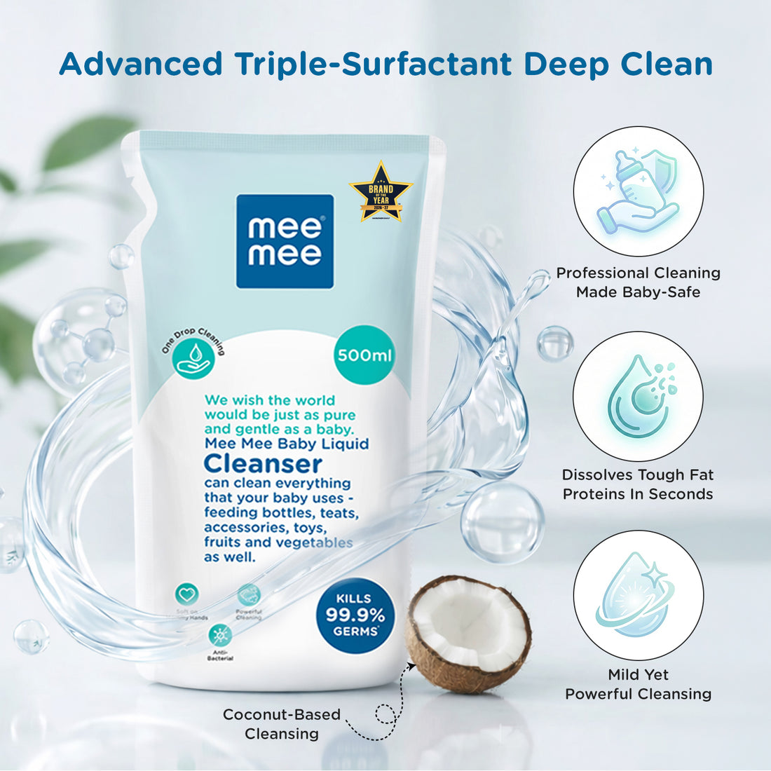 Mee Mee Liquid Cleanser 500 ml | Anti-Bacterial Formula Kills 99.9% Germs | For Bottles, Nipples, Accessories, Toys, Fruits & Vegetables | Alcohol-Free, One-Drop Cleaning, Dermatologically Tested
